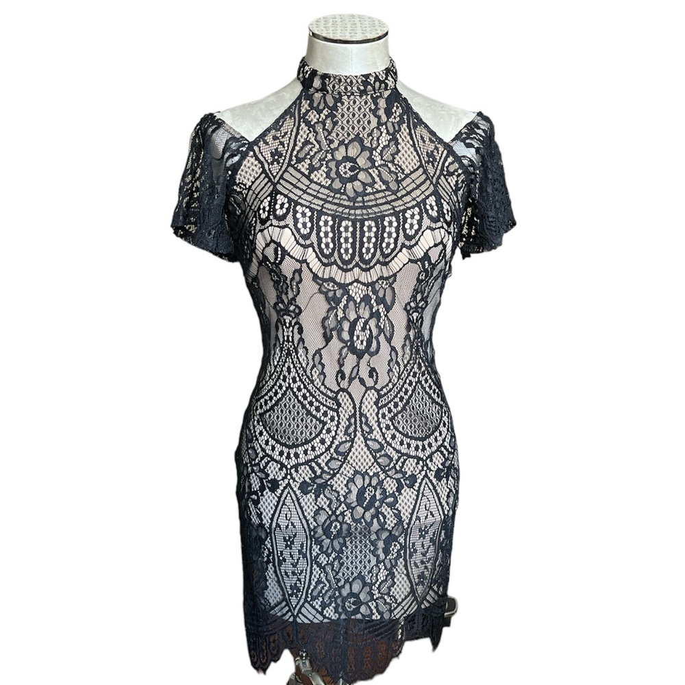 Francesca’s Black Lace Cold Shoulder Dress XS NWT High Neck Cocktail